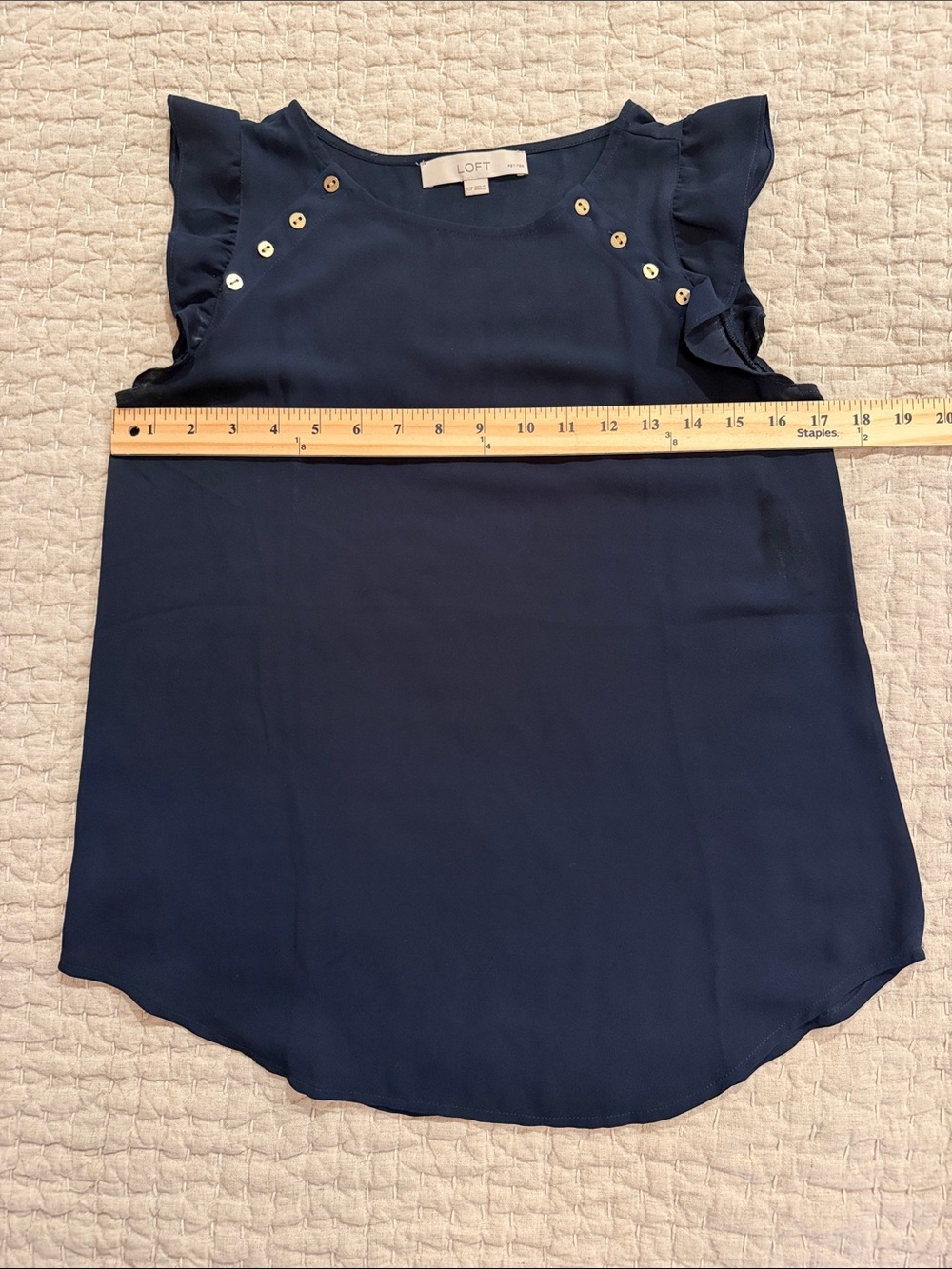 LOFT Navy Ruffle Sleeve Shell with Gold Buttons - Picture 3 of 5